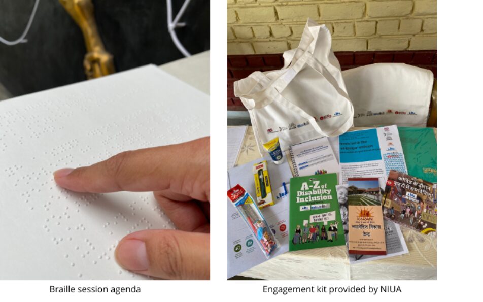 Two images side-by-side. The image on the left is of a person reading braille and the image on the right is of  a set of resources that were used for the workshops 