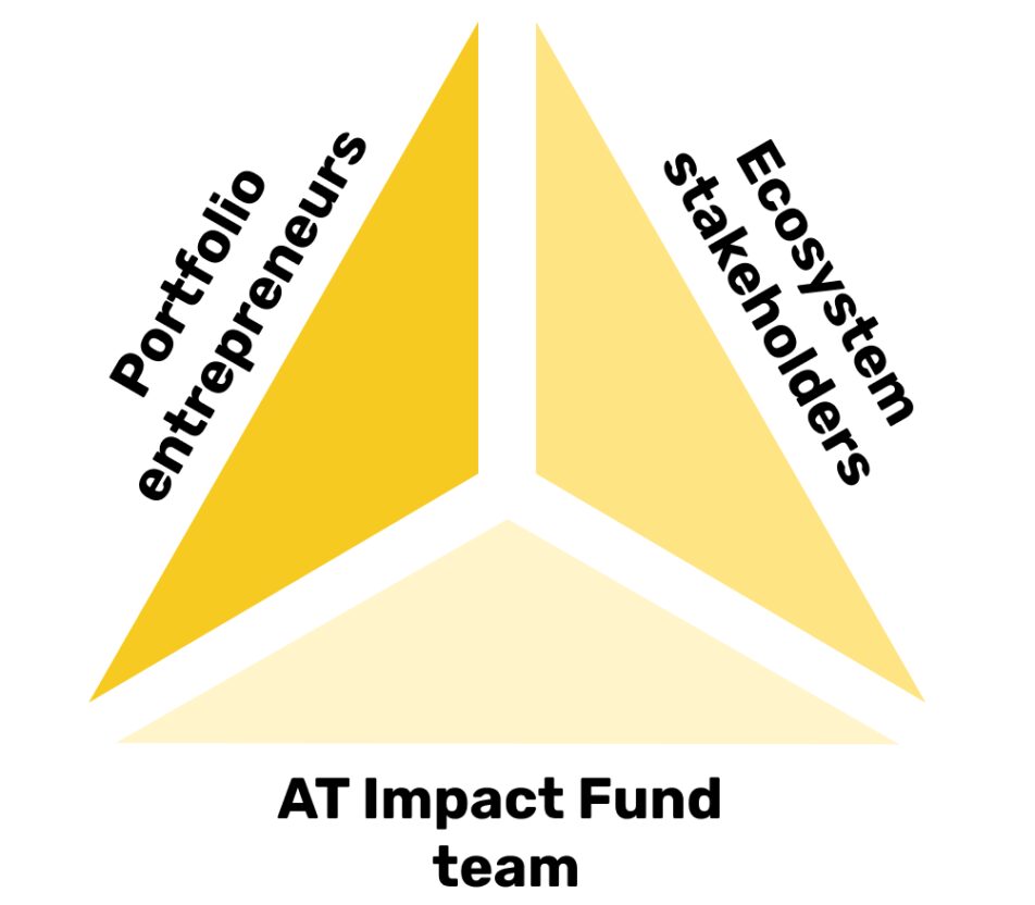 AT Impact fund triangle - portfolio entrepreneurs, ecosystem stakeholders, AT impact fund team