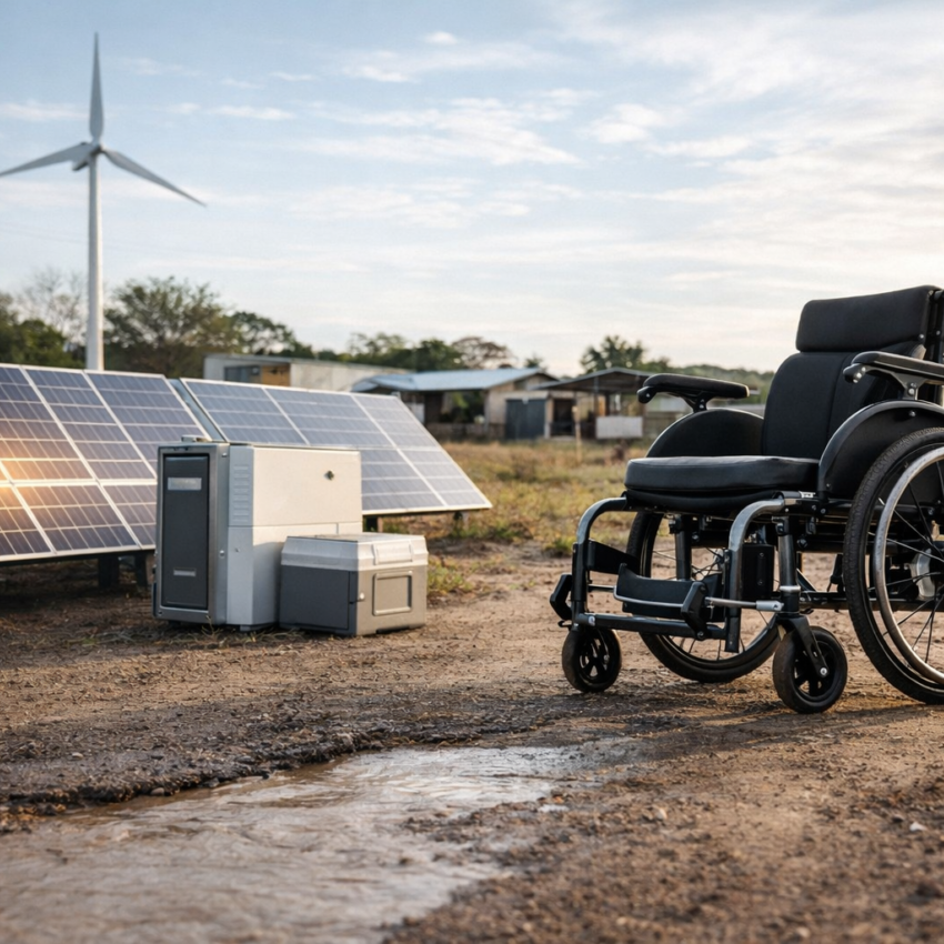 Electric wheelchair with renewable energy sources in the background