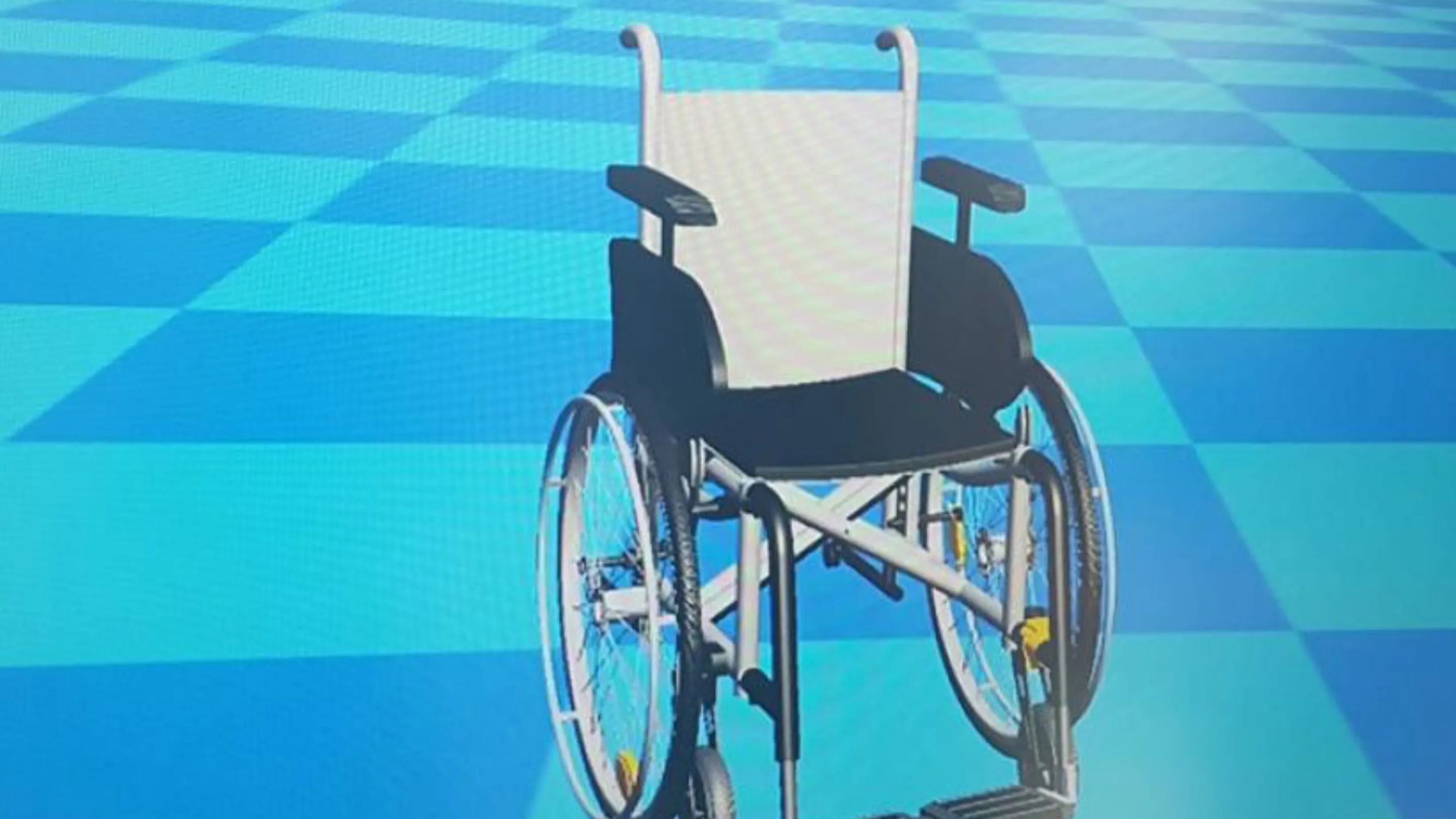 A computer generated 3D model of a wheelchair on a blue chequered background.