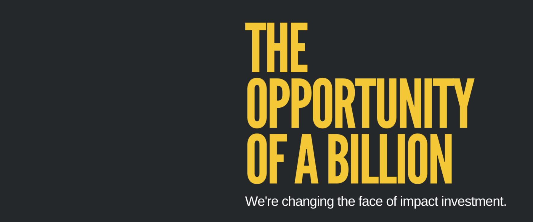 Black background with yellow text reading The Opportunity of a Billion in large letters. Smaller white letters underneath read we're changing the face of impact investment.