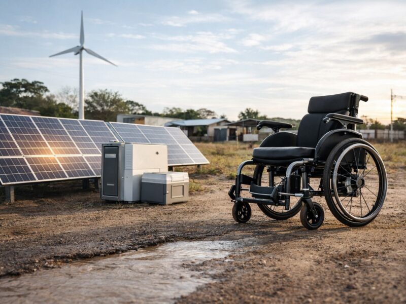 Electric wheelchair with renewable energy sources in the background