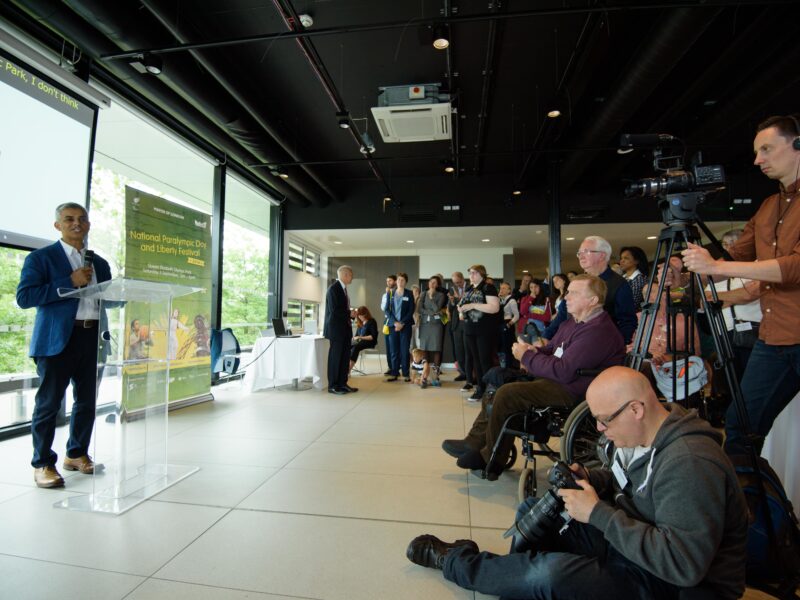 Mayor of London, Sadiq Khan, standing in front of GDI Hub logo addressing the audience and media at launch event of GDI Hub.