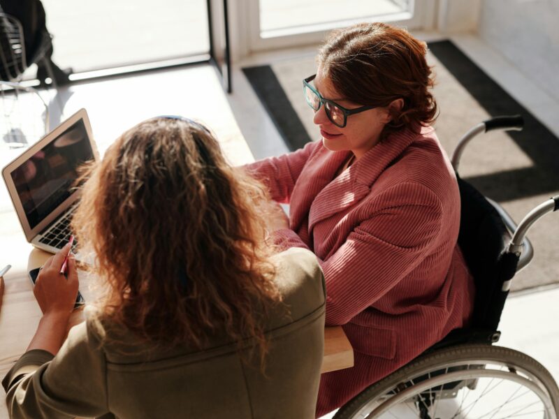 two people working together, one is using a wheelchair and one isn't