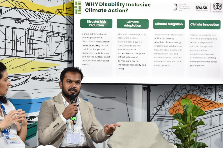 Bala addressing COP30 during a panel discussion